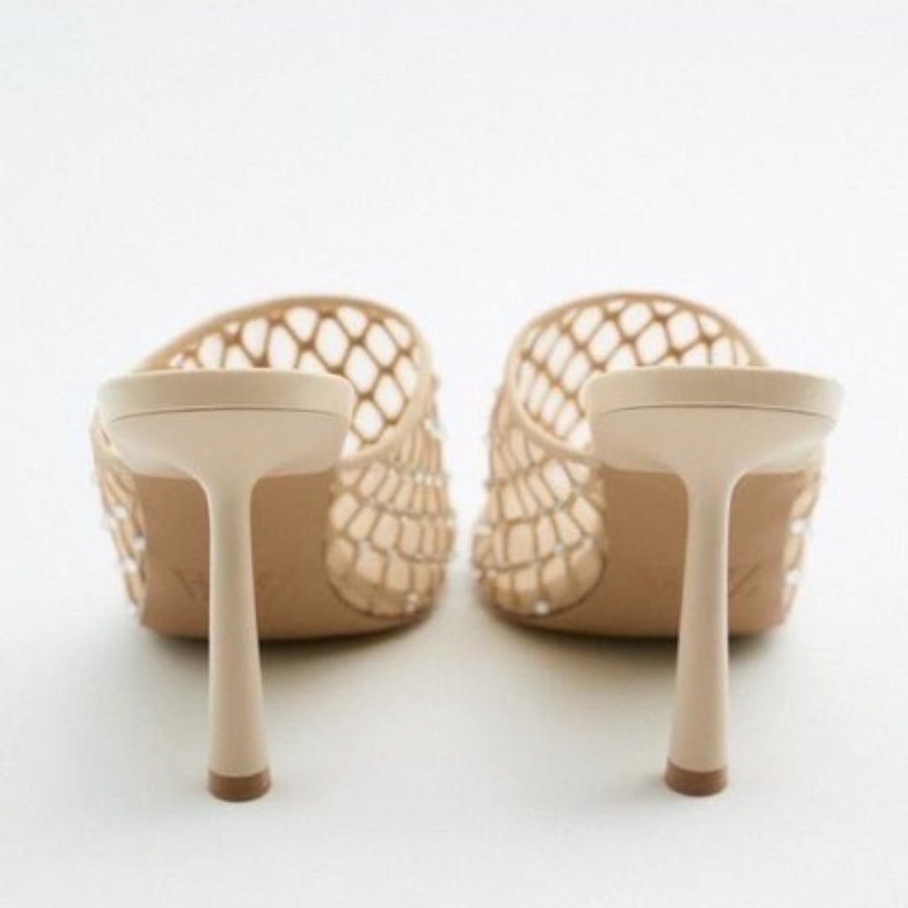 NWT Zara Size 6.5 Beige Rhinestone Mesh Slide Heels - Picture 2 of 7